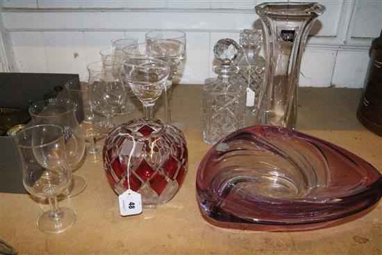 Val St Lambert pink overlay panel-cut ovoid vase and a Cristel Sevres tall waisted clear glass vase, sundries etc